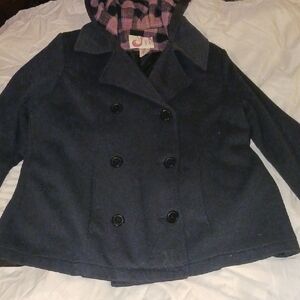 OP Brand Sz Large Black Soft Cotton Peacoat with Pink Plaid Hood